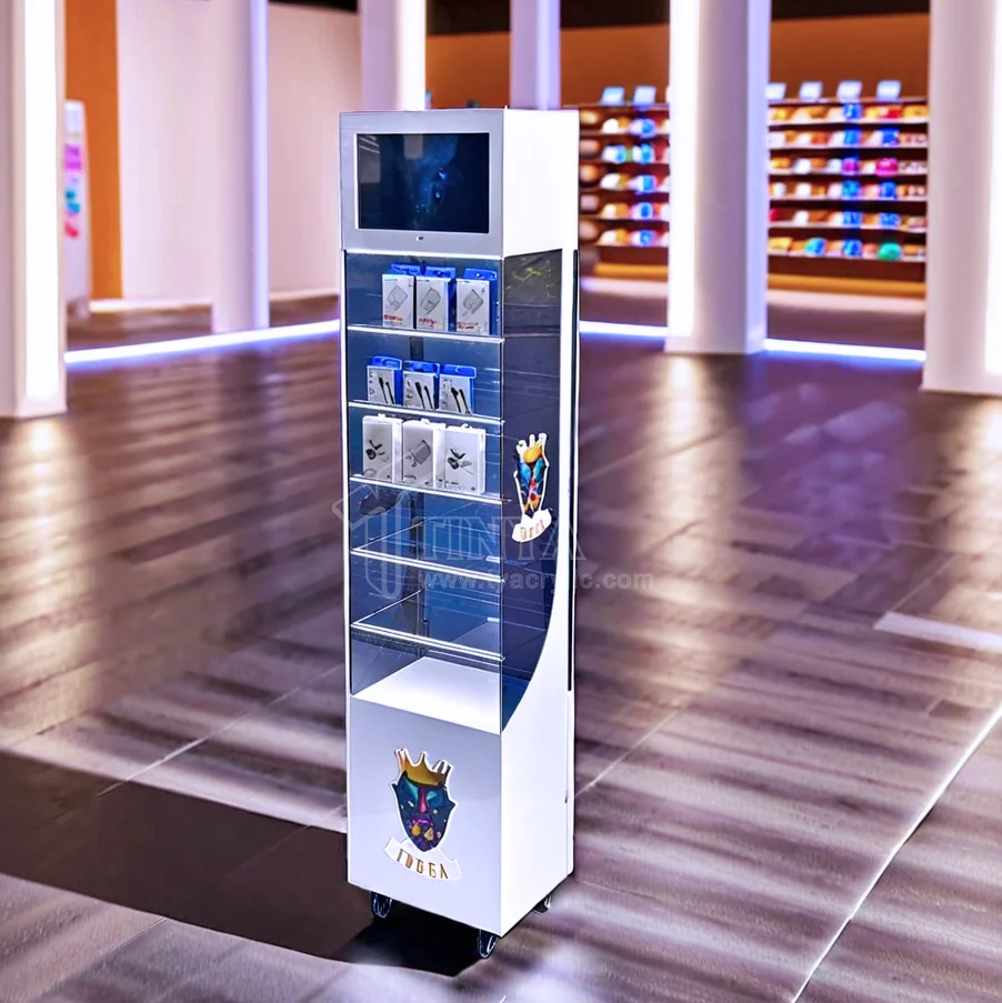 4 Wheels Floor Standing LED Lighting Smoke Display Stand UV Printing Customized Logo Lock Door with LCD Screen Cigarette Cabinet