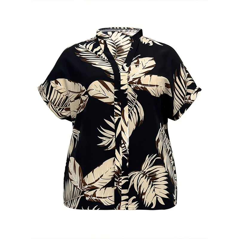 Plus Size Tropical Print Blouse blusas e camisas femininas Summer Beach Women Elegant Batwing Sleeve Notched Neck Top