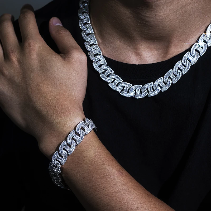Fashion hip hop jewelry iced out DEF moissanite diamond rapper necklace bracelet silver cuban link chain