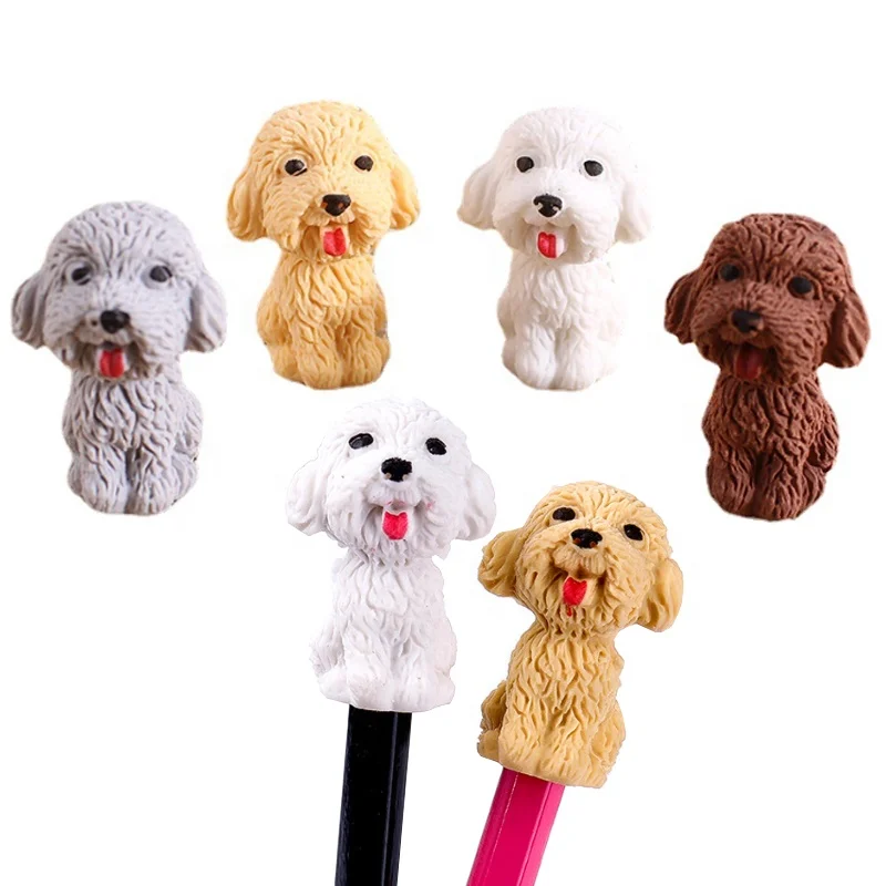 Cute 3d dog cartoon teddy pencil topper erasers customized stationery for kids and school supply