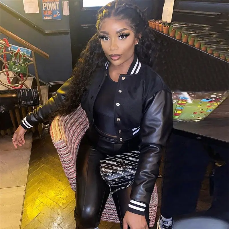 Leather patchwork long sleeve bomber jacket fashion streetwear winter jacket woman