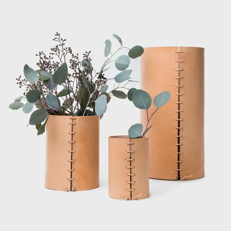 Custom leather vases home decoration handmade pot culture flower leather sleeve vase