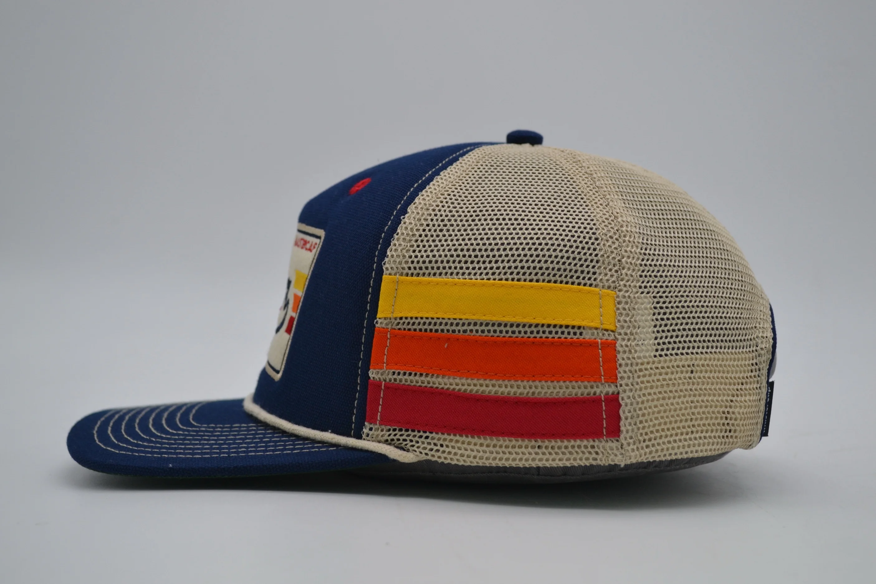 Custom logo self fabric embroidery patch rope bill mesh back adjustable size high quality 5 panel trucker cap