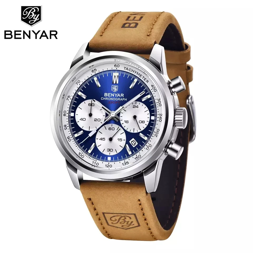 Benyar 5188 кварцевые часы оптовая продажа китайские с кожаным ремешком для мужчин мужские хронографом из нержавеющей стали