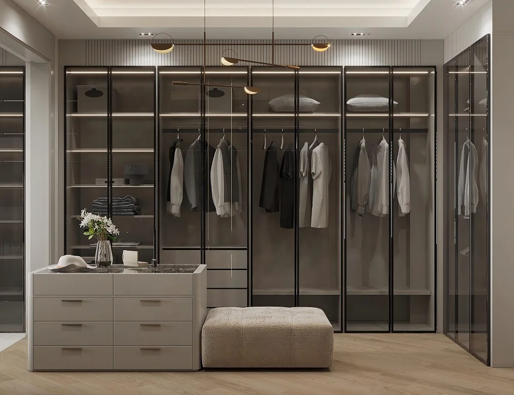 Custom Modern Bedroom Furniture Storage Clothes L-Shape Dressing Design Room Plywood Material Sliding Door Wardrobes For Men