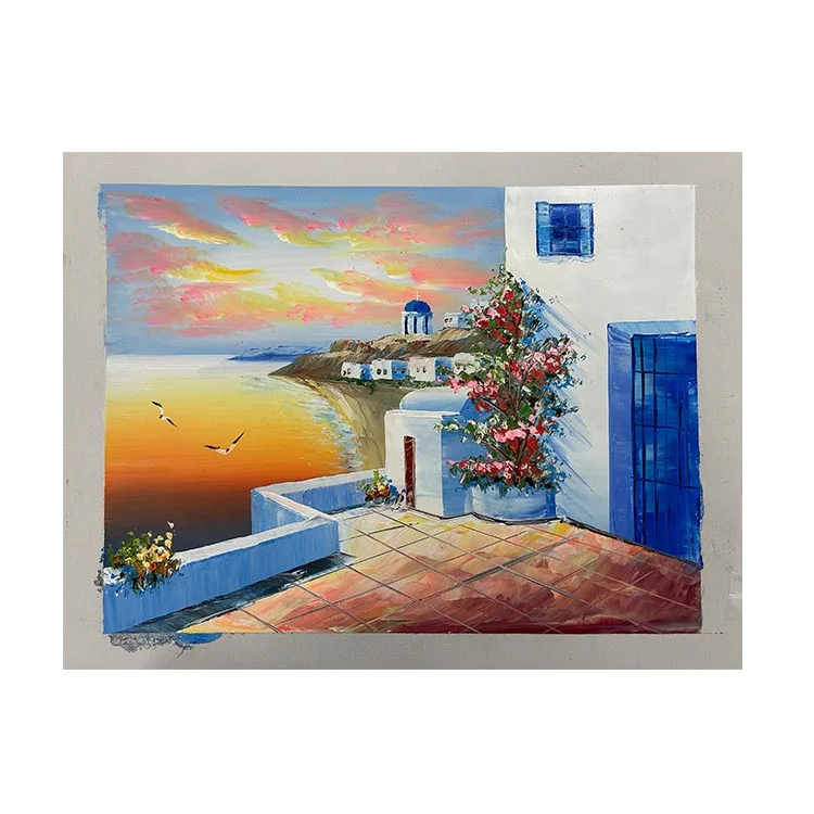 Mediterranean Town Painting Canvas  Coastal City Artwork Wall Art Reproduction For Living Room Handmade
