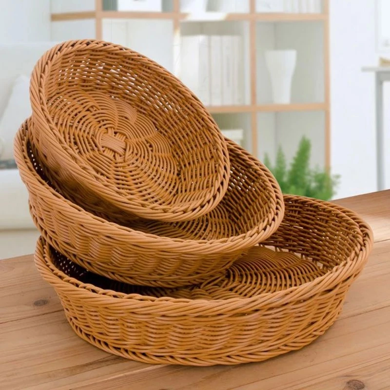 Round Wicker Woven Basket Bread Tray for Food Fruit Cosmetic Storage Tabletop Bathroom Storage Box Home Kitchen Organize