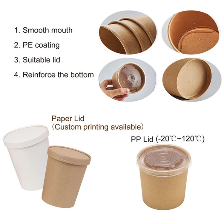 8oz 12oz 16oz 24oz Customized Single Time Use Brown White Kraft Food Packaging Container Paper Bowls Ramen Noodle Cup With Spoon