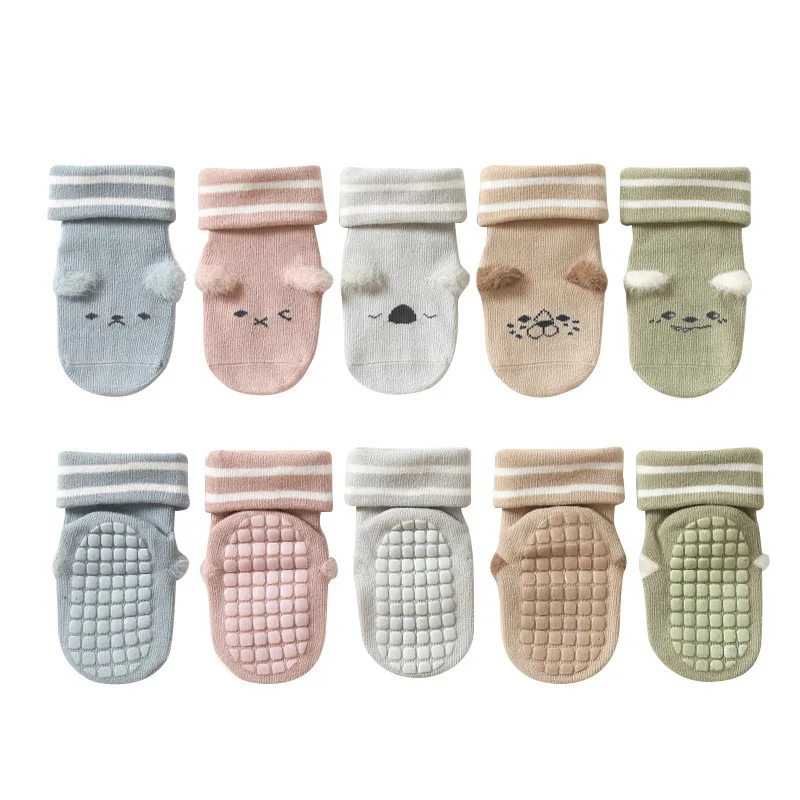 Breathable dotted non-slip grip children floor socks cute cartoon cuffed baby socks mid-tube socks