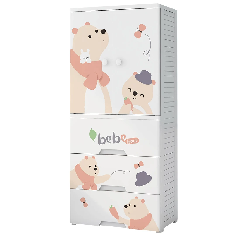 Factory Direct Kids Cartoon Wardrobe Storage Cabinet with Drawers Plastic Cupboard Double Door Baby Wardrobe