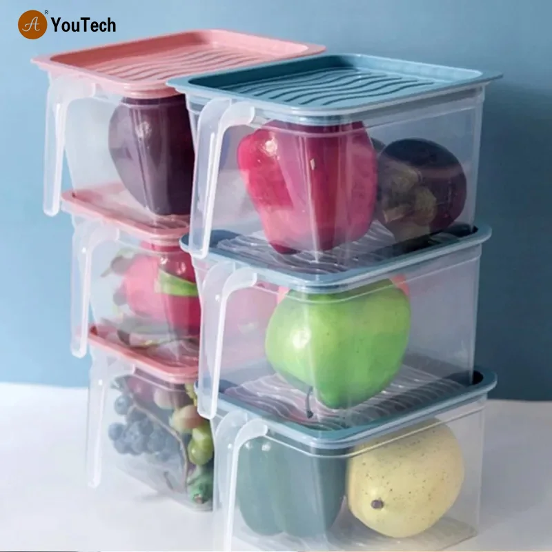 Plastic Refrigerator Organizer Food Storage Container With Lid Handle Fresh-Keeping Box Fridge Reusable For Kitchen Tool