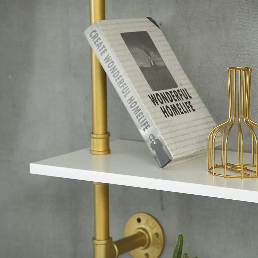 Industrial Gold Bookshelf-6 Tier Wall Mounted Ladder Bookshelf Rustic Gold Storage Book Shelves Display Bookcases for Living Ro