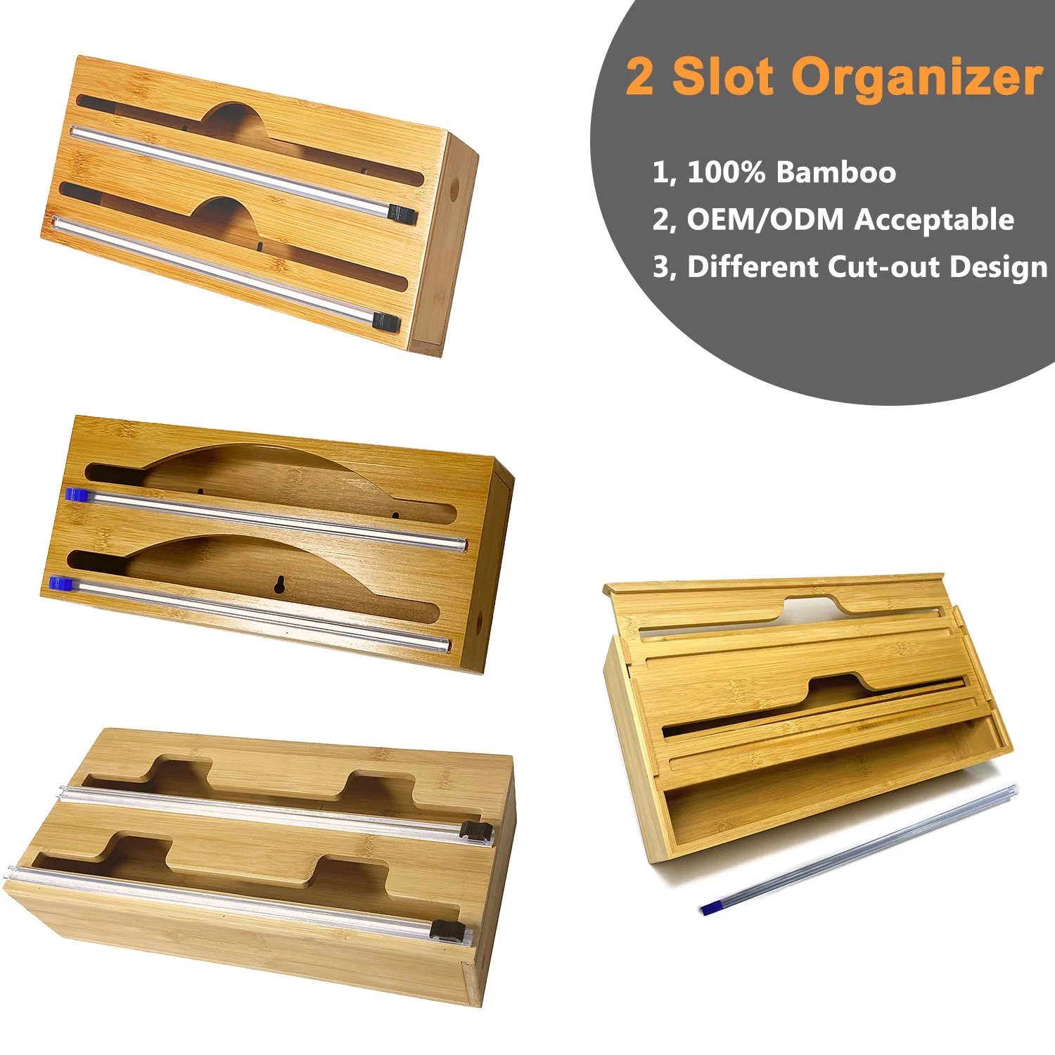 Hot Popular 3 in 1 Bamboo Plastic Wrap Dispenser with Cutter, Aluminum Foil, Wax Paper Roll Organizer for Kitchen Drawer