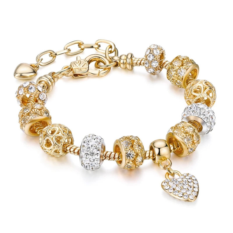 Trendy Luxury Gold Plated Brass Snake Chain Crystal Rhinestone Beads Charm Heart Bracelet Jewelry For Women Gift