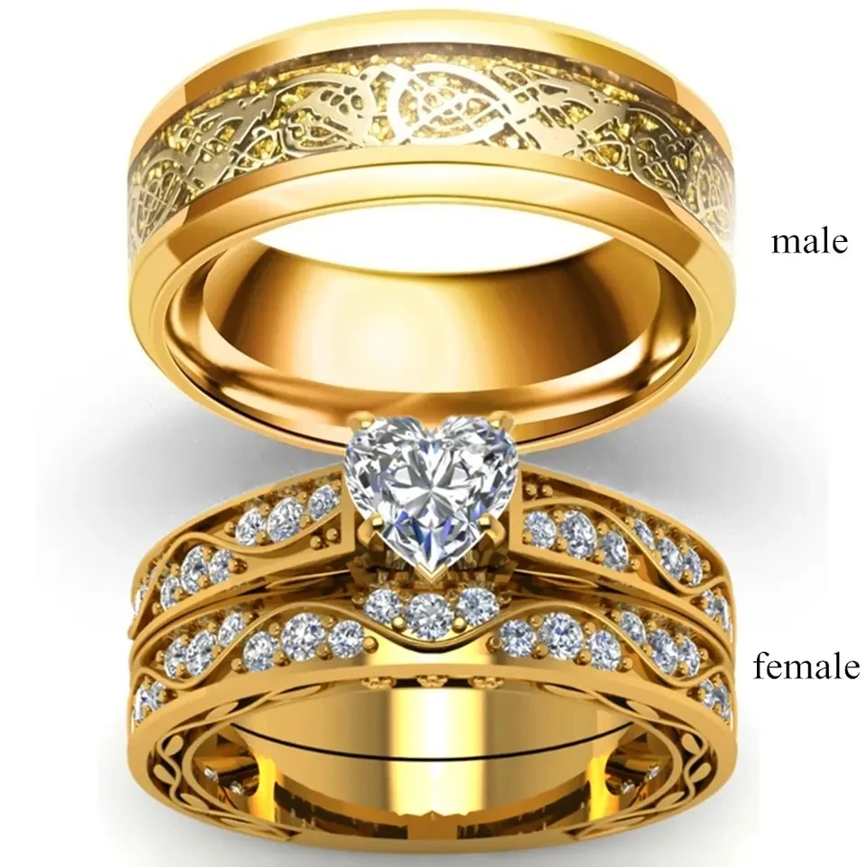 3pcs 18k Gold Plate Crystal Heart Cubic Zirconia Wedding Rings Dragon Design Stainless Steel Couple Ring set