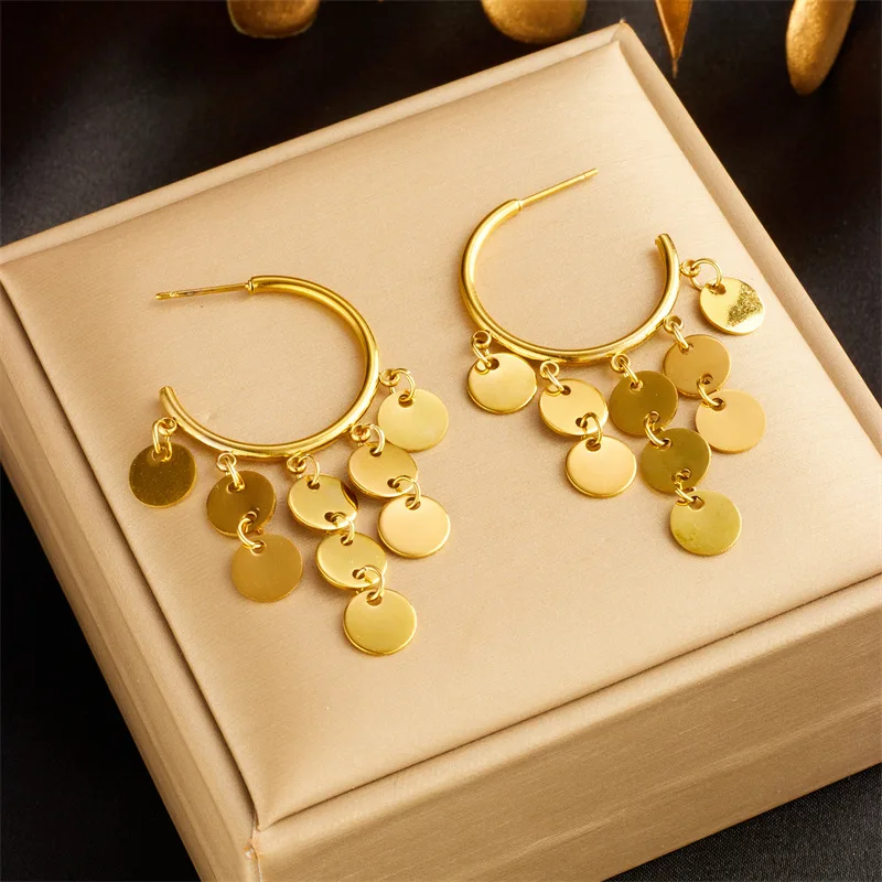 Vintage Stainless Steel 18k Gold Plated Geometric Chandelier Round Disk Tassel Dangle Earrings for Women