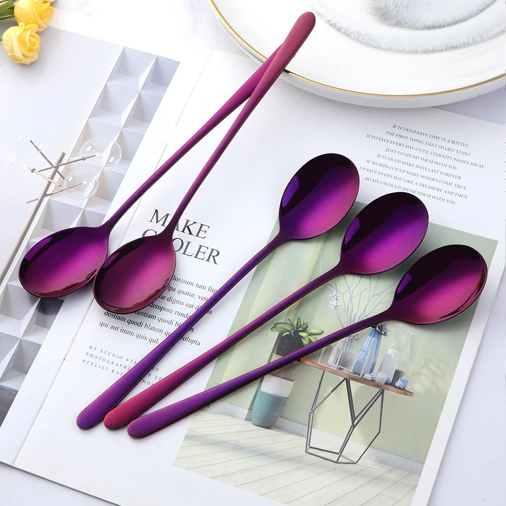 Wholesale Korean Style Titanium Stainless Steel Rice Gold Long Handle Round Soup Spoon