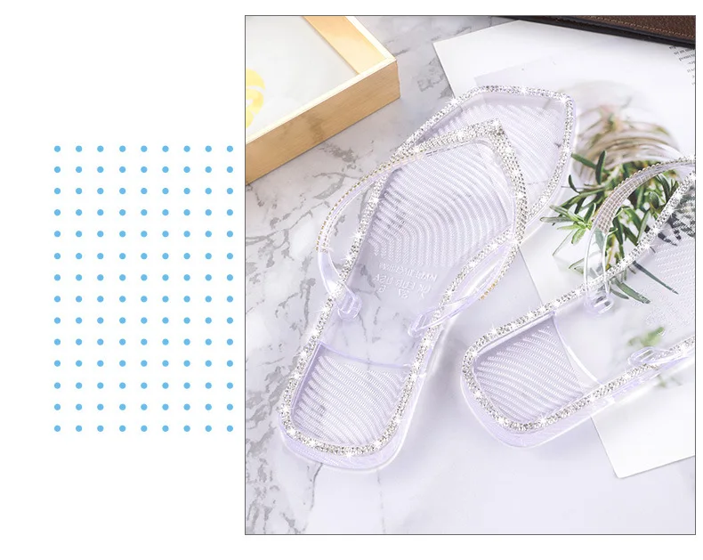 Шлепанцы женские с квадратным носком, сандалии-желе с кристаллами, плоская подошва, уличные тапочки, Цвет Алмаз