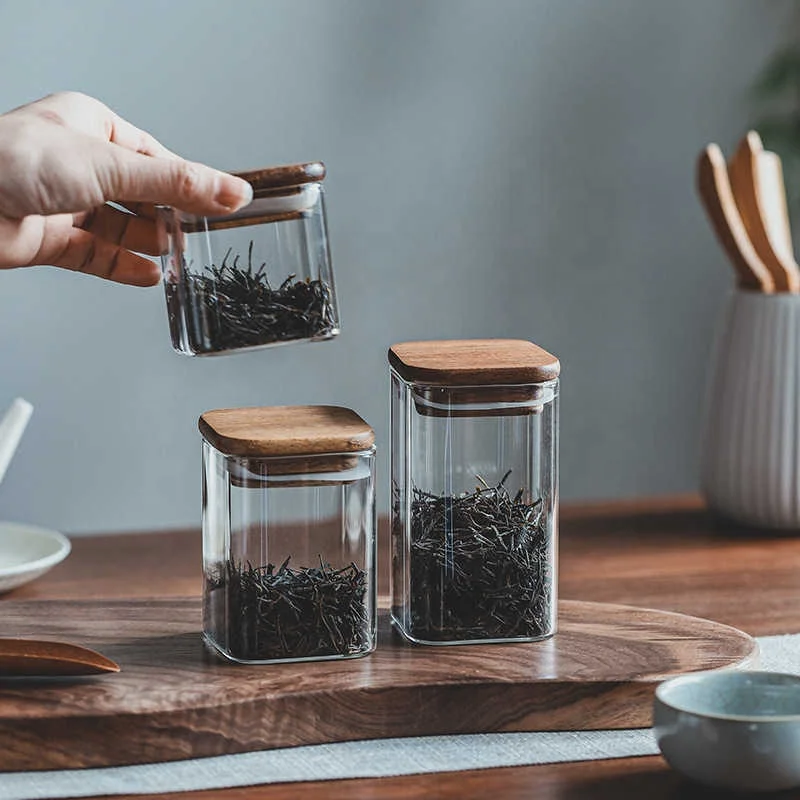 Small Capacity Mini Homestay Tea Can Square Wooden Lid Glass Storage Sealed Storage Of Grains And Coffee