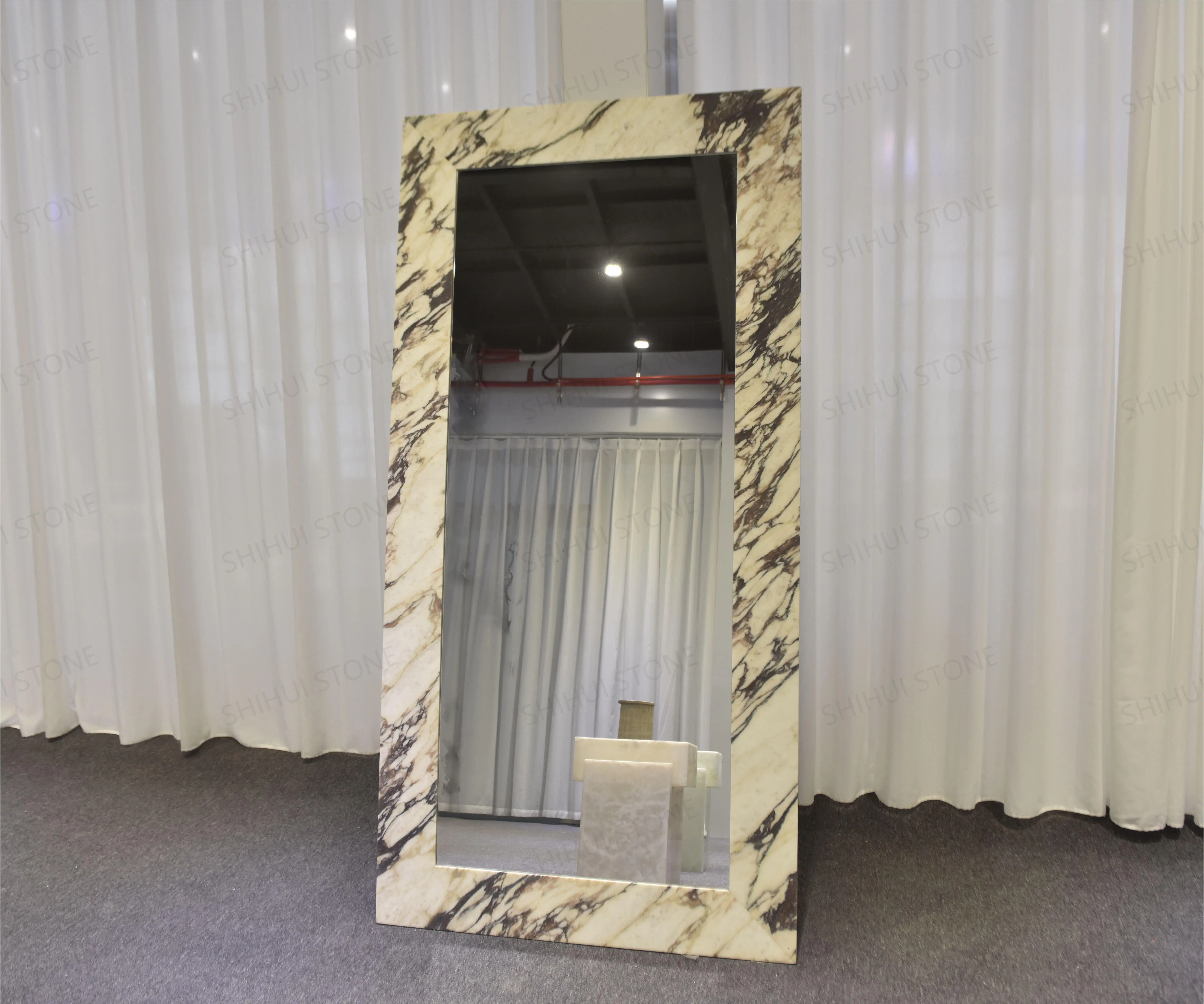 SHIHUI Custom Rectangle Shape Calacatta Viola Marble Framed Long Full Length Body Wall Dressing Standing Marble Floor Mirror