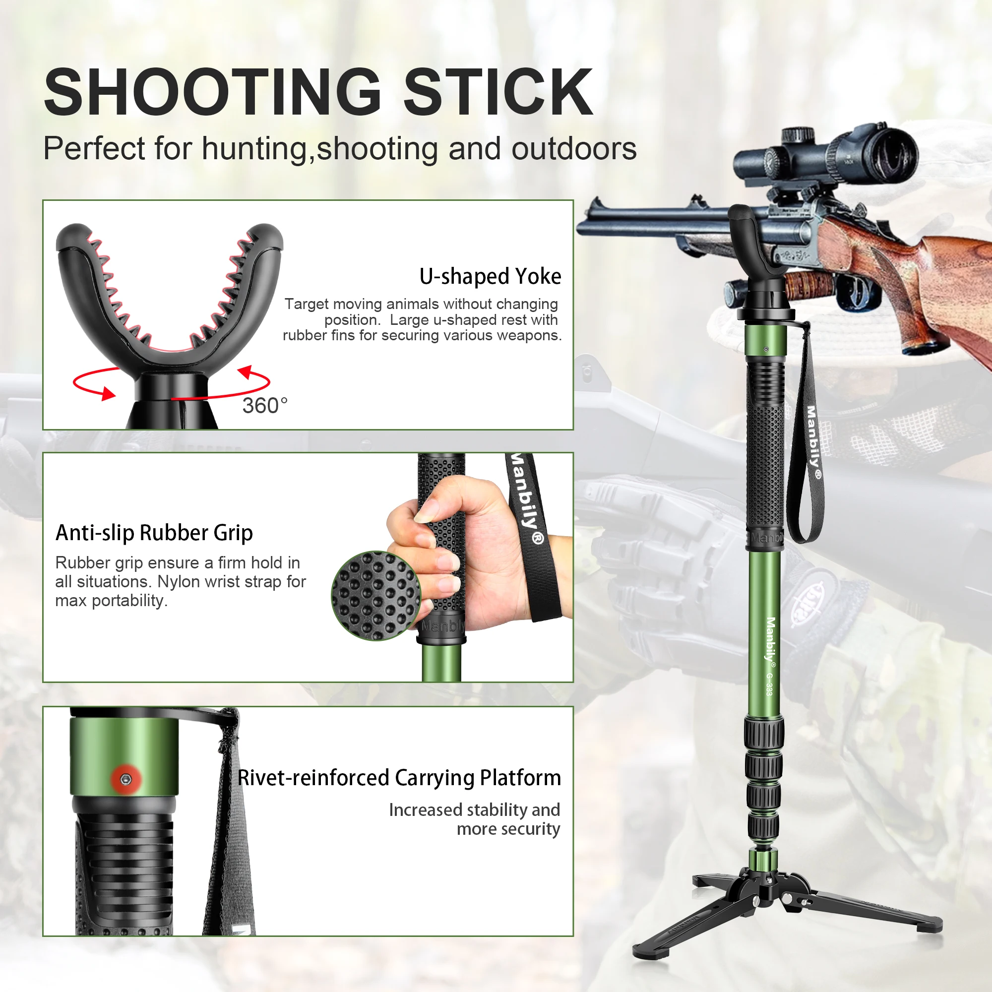 OEM Aluminum outdoor tactics stick portable bracket hunting telescopic stick V Shaped Rotating Yoke Tripod