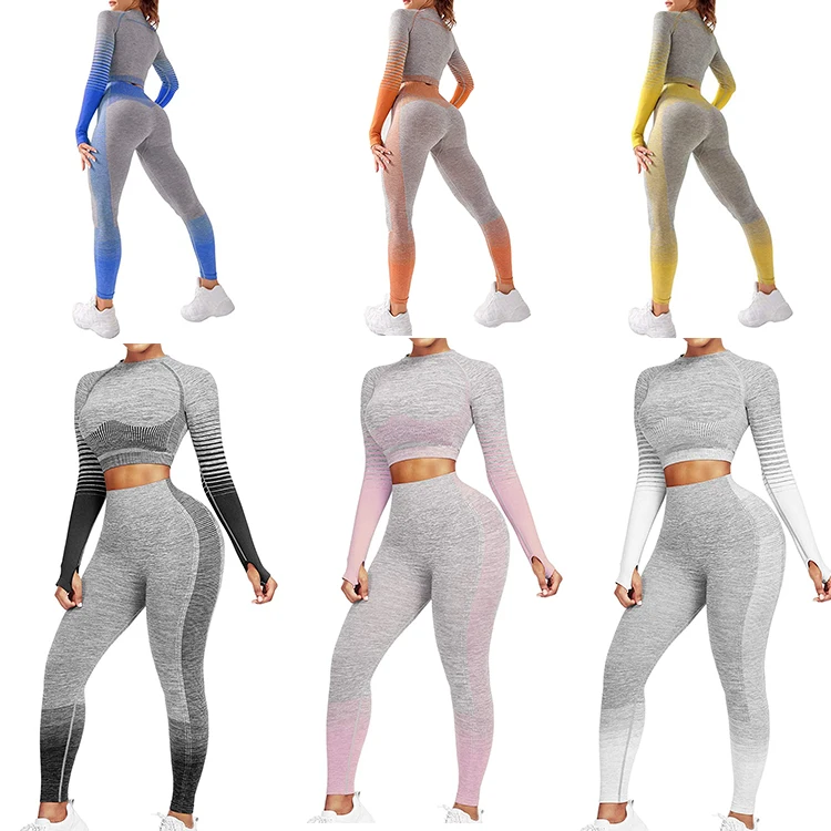 Тренировочный комплект из 2 предметов, спортивный костюм для бодибилдинга, бесшовные леггинсы с высокой талией и укороченный топ с длинными рукавами, комплект спортивной одежды для занятий йогой