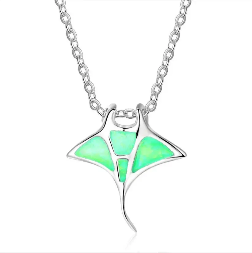 Real white gold plating Manta Ray Pendant Necklace with Australian Opal
