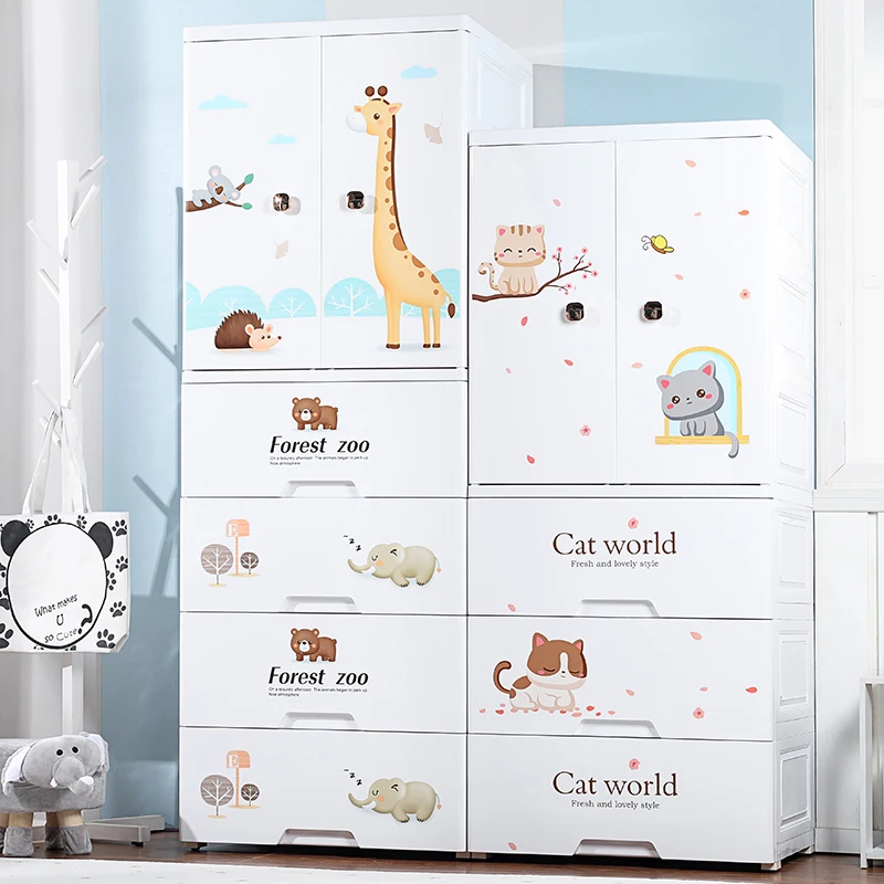 2024 Lower Double Doors (hanging clothes + compartment) Baby Clothing Wardrobe Cabinets Plastic Drawer Organizer Furniture