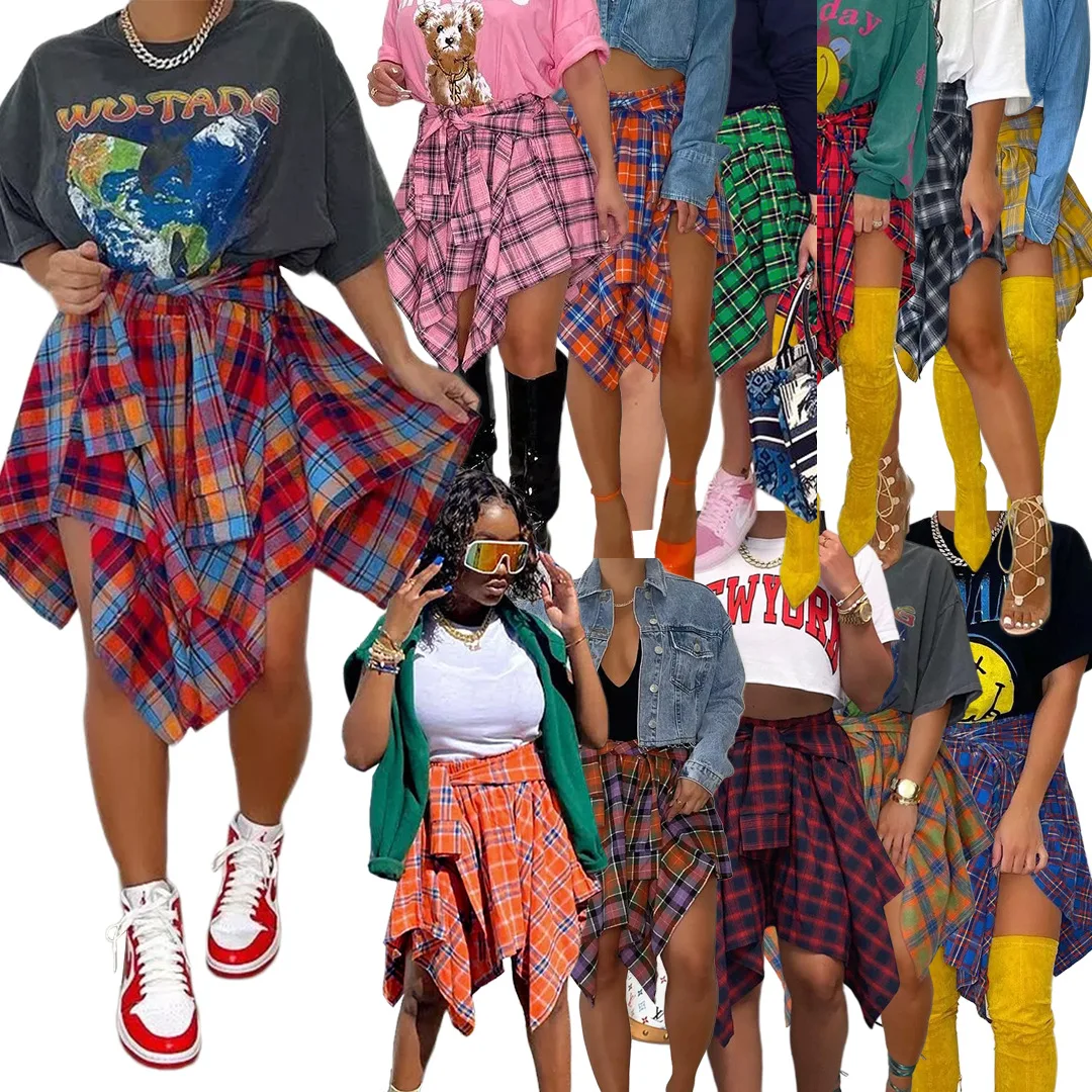 New Womens Skirts 2022 Fashion Girls Sexy Mini Skirt Dress Tied Sleeves False Shirt Irregular Pleated Short Plaid Skirts