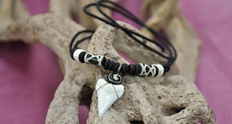 Real Shark Tooth Beads Adjustable Cord Necklace