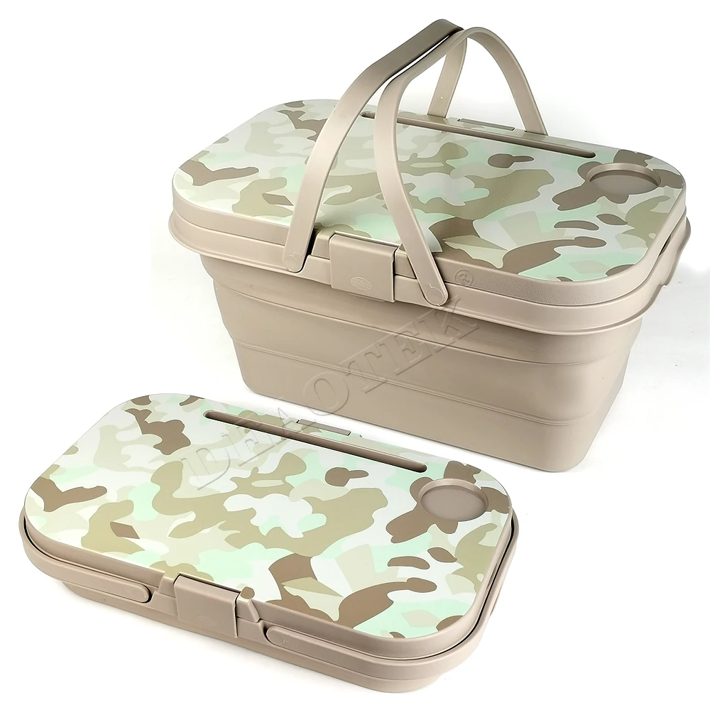 plastic foldable outdoors storage baskets with lid for Camping and Outings picnic basket set