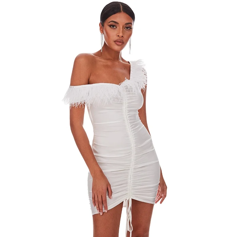 2021 new design off shoulder Party Dresses Folds Drawstring short evening dress sexy cocktail dresses