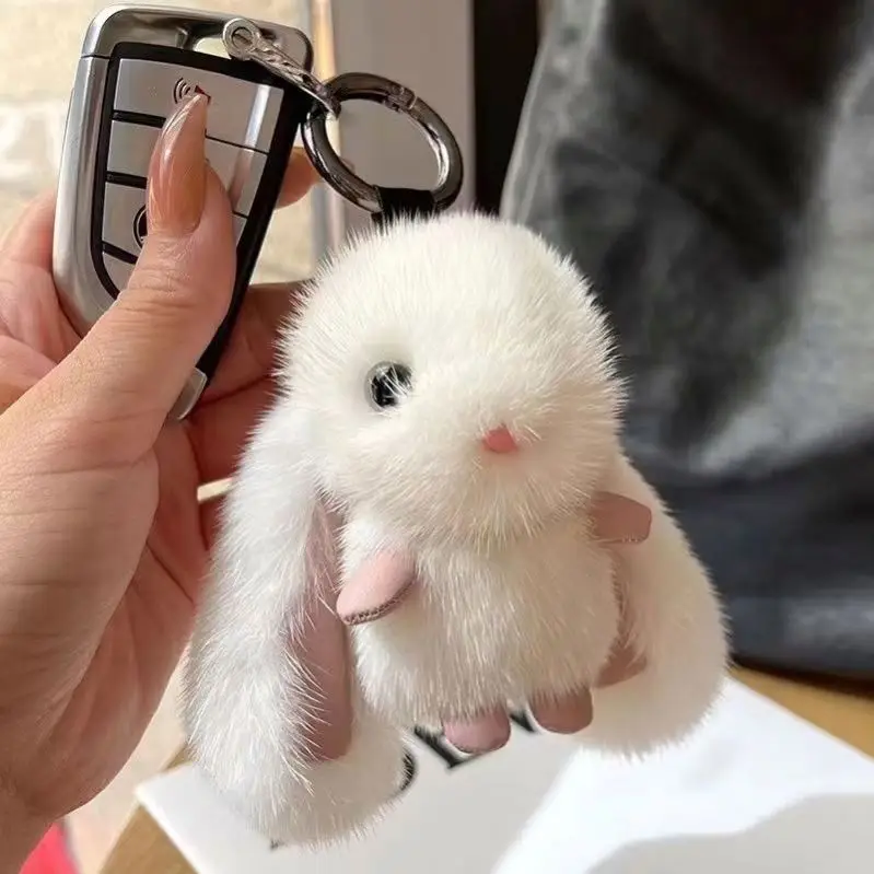 pink bunny keychains Fluffy Real Fur Pompom stuffed animal rabbit Key Chain Cute On Bag Car Key Pendant charm rabbit Key Ring
