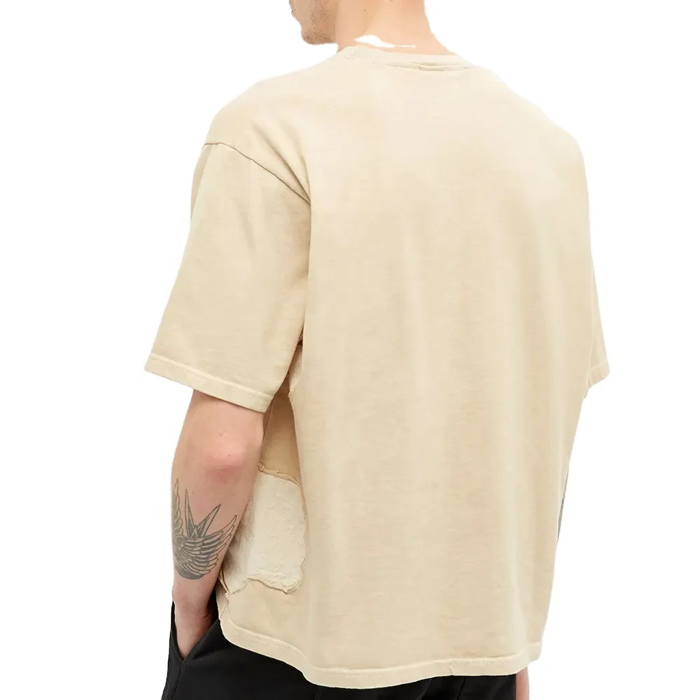 Crewneck Fashion Custom Logo Men Loose Tshirts Patchwork 100% Cotton Distressed Casual Vintage Men Short Sleeve T Shirt