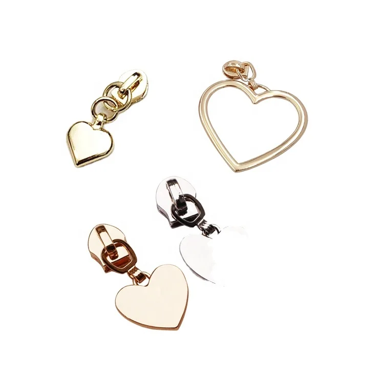 Garment Metal Zipper Puller Slider 5 Brand Bag Zipper Head Puller Custom Logo Heart Shape Metal Zipper Puller