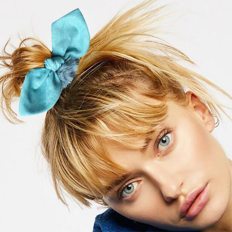 Wholesale New Fashion Women Girls INS Fur Bunny Ear Scrunchies Plush black hair ties