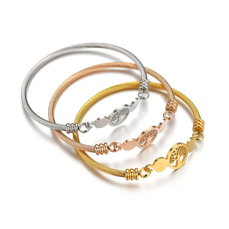 Hot Sale Gold Plated Jewelry Life Tree Stainless Steel Cable Wire Bangles Bracelet for Women