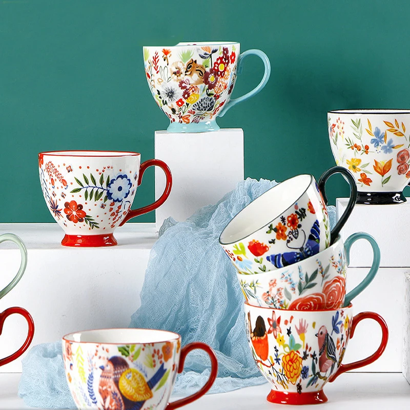 Cup With Handle Hand-painted Floral Ceramic Drinkware Set Birthday Gift Household Round Large Capacity Breakfast Milk Cereal Mug
