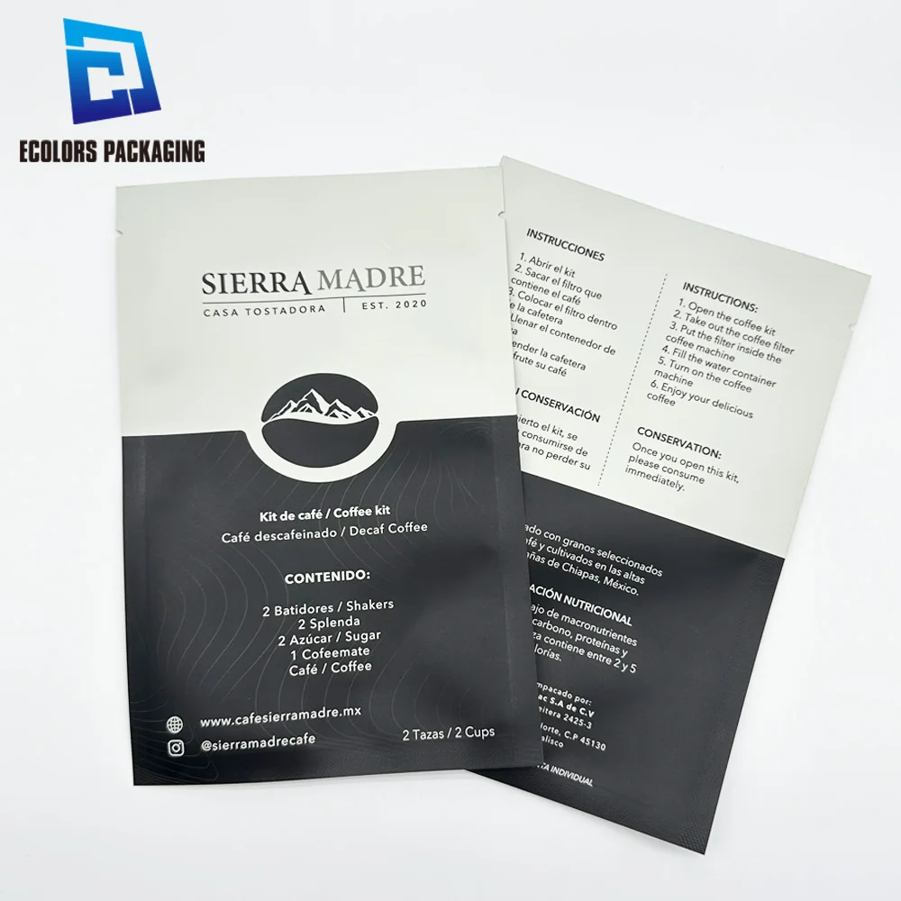 Food grade low moq mylar customized matte powder coffee kit heat seal aluminum foil packaging bag flat pouch