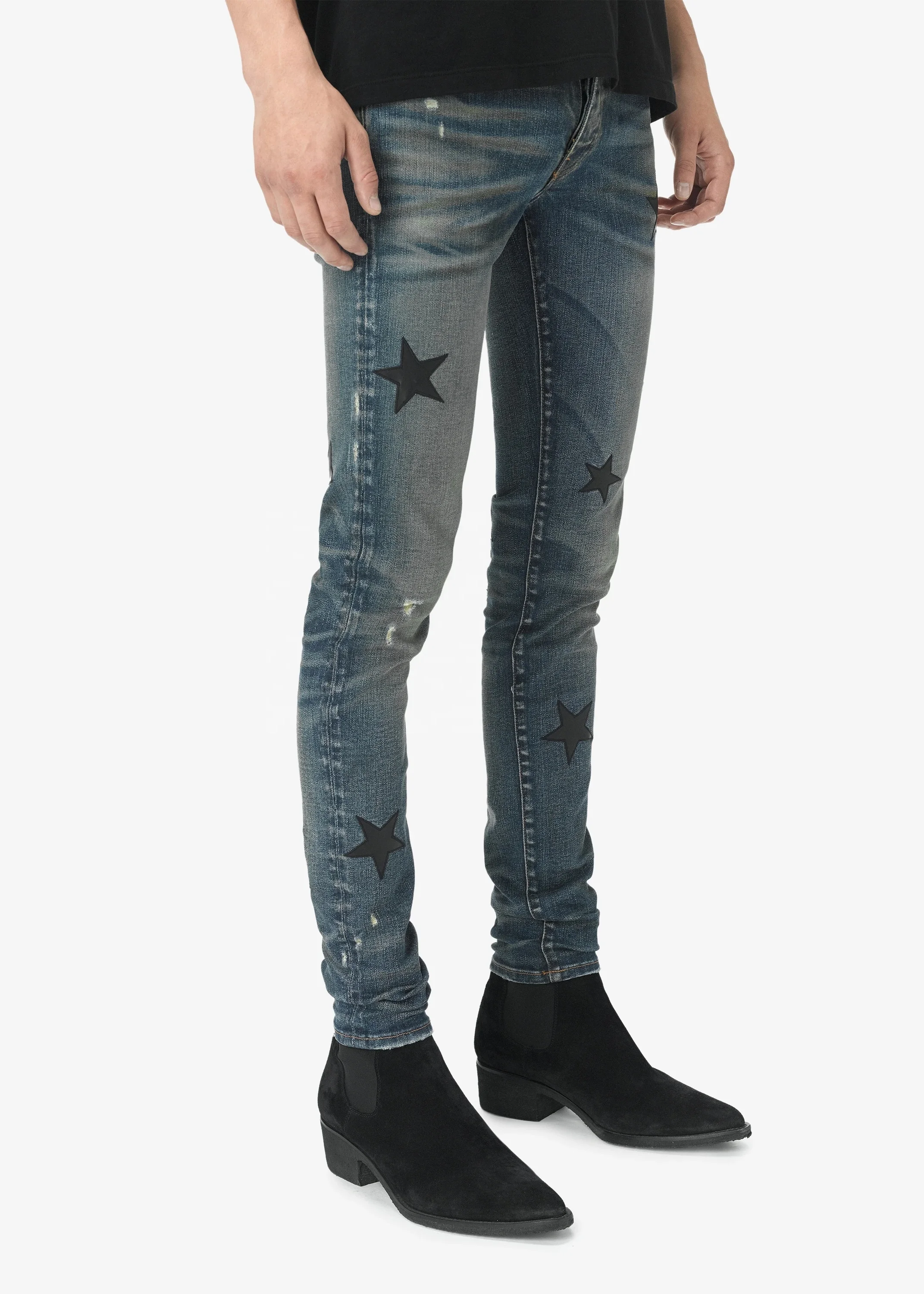 OEM new designs wholesale patchwork torn destroyed denim skinny jeans for men