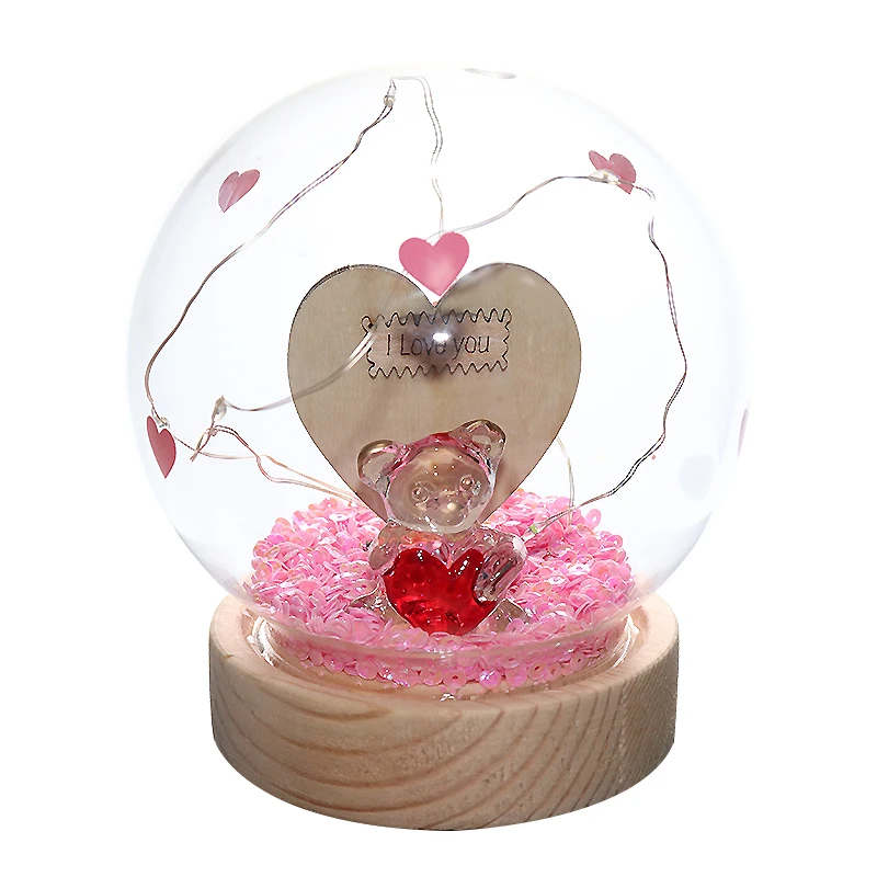 Led lights up wood holiday decoration bear heart glass dome cloche decor with wooden base