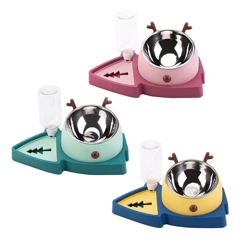 Three In One Christmas Tree Cat Dog Bowl Water Dispenser Double Ear Stainless Steel Milu Deer Pet Bowl