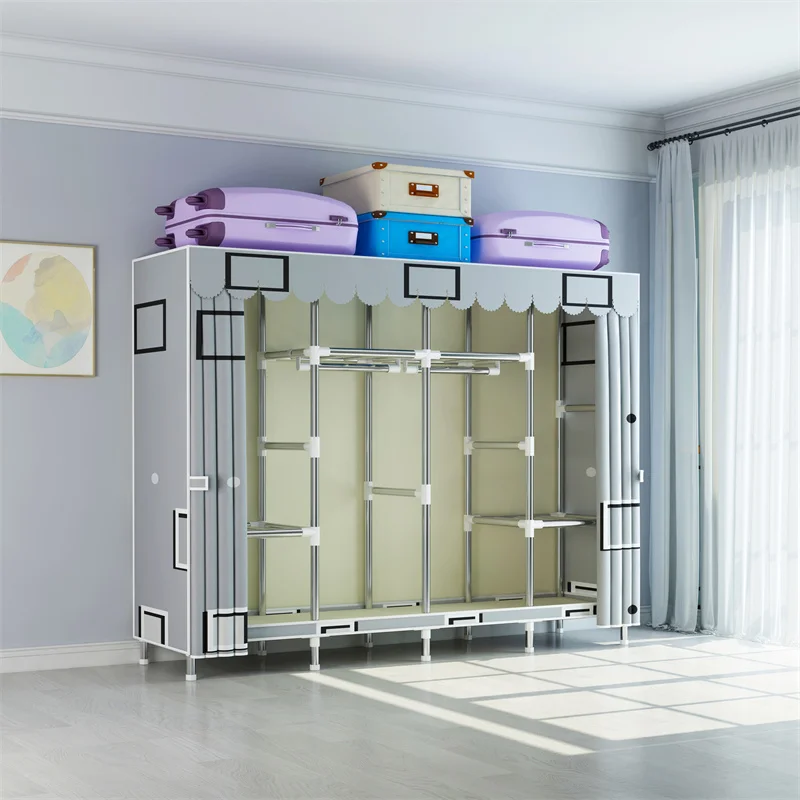 165cm Bedroom Clothes Storage Organizer Foldable Canvas Cabinet Metal Frame Portable Cloth Fabric Wardrobe Closet for Clothes