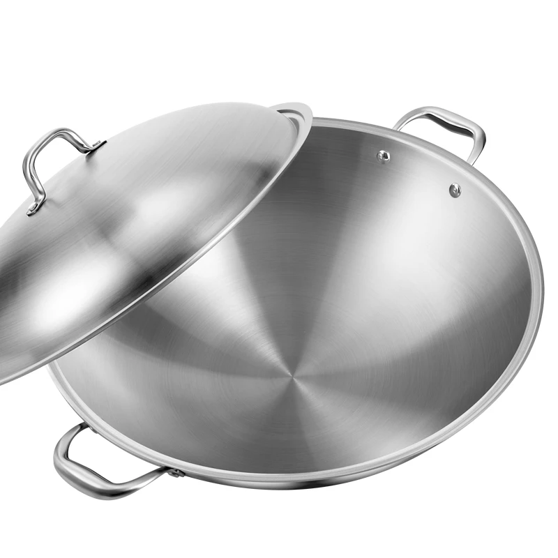 KENGQ Best Selling Two Ears Stainless Steel  No Coating Large Cooking Wok Flat bottom/Round Bottom for Gas Stove