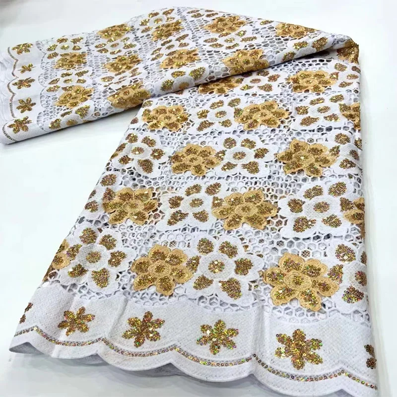 African nigerian style hollow out water-soluble lace fabric with gold sequins