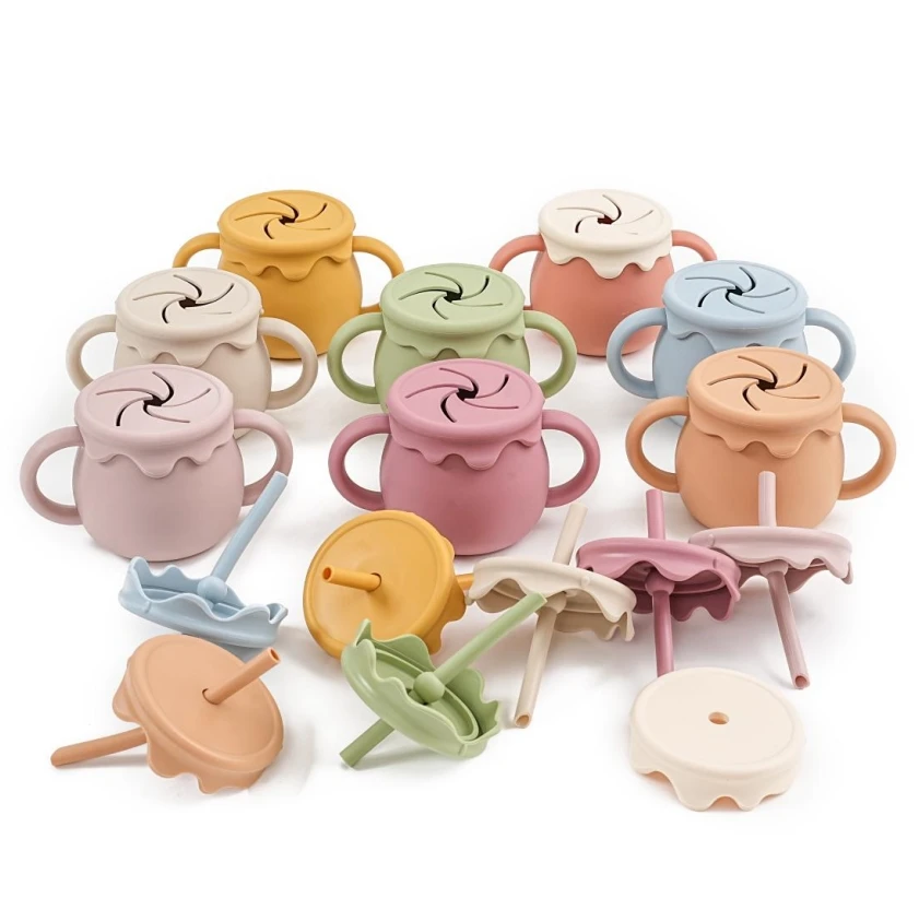 Hot Selling Non-toxic Baby Study drinking Silicone Cup Two Lid Honey Pot Leak proof Silicone Training Snack Multifunctional Cup