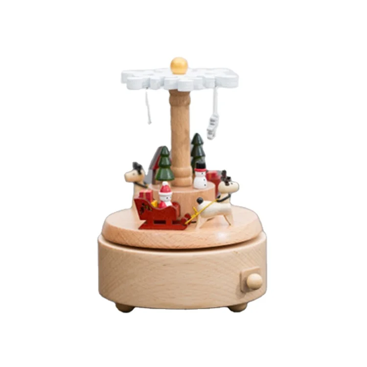 Wholesale round shape crystal ball carousel music tin box wooden christmas music box