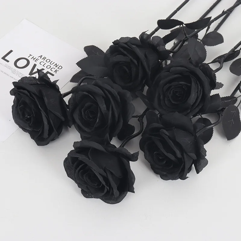 Pure Black Single Rose Bouquet Halloween Horror Gothic dark series decorative flowers simulation