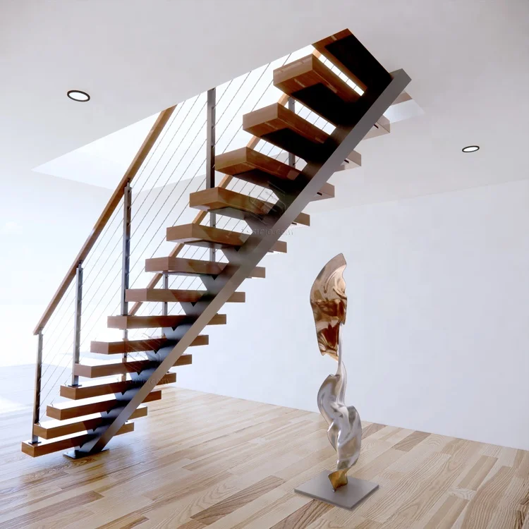 Mono metal stringer floating stairs system with cable railing and  timber treads meet with USA/ European building  code