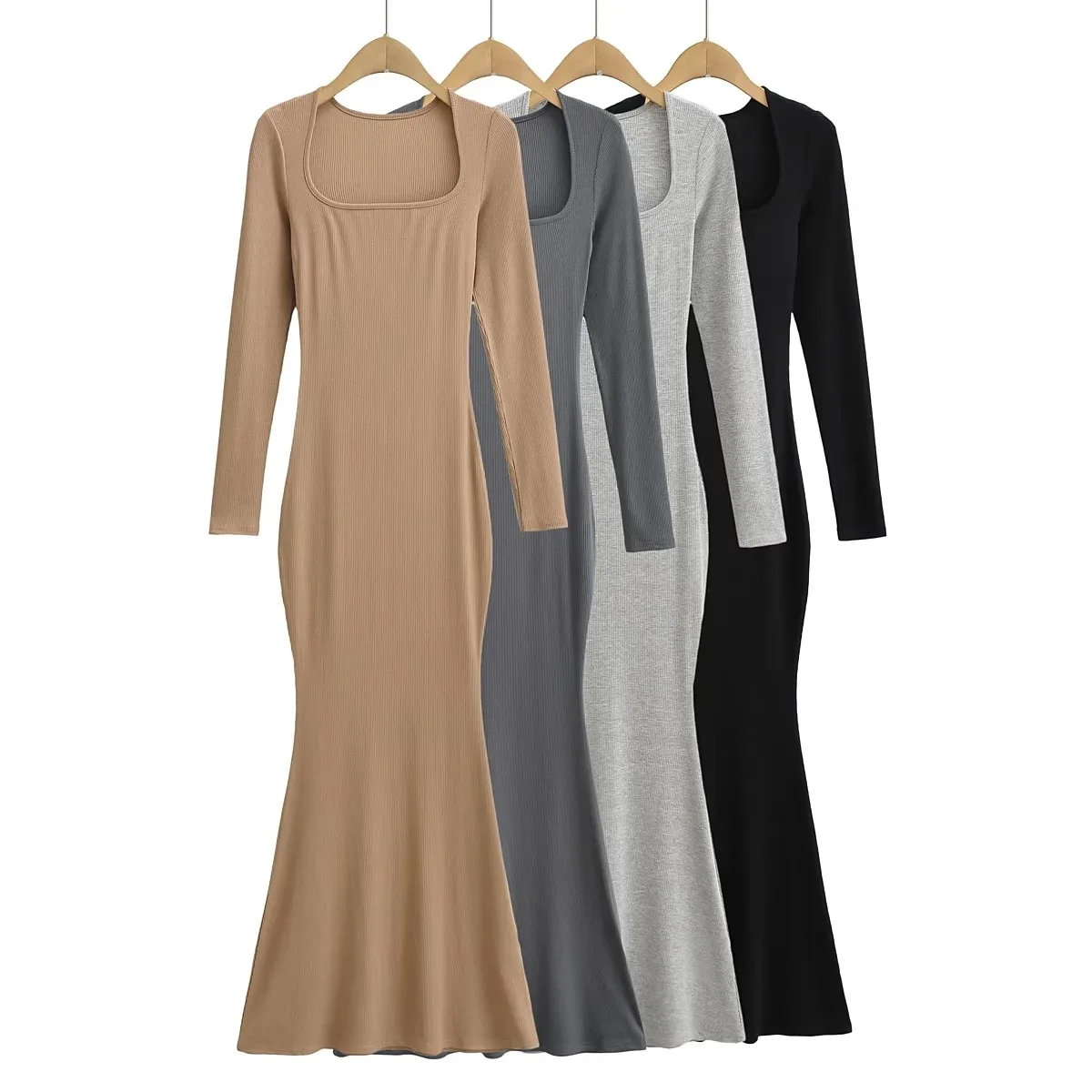 2023 custom logo clothing fall winter long sleeves scoop u neck maxi cotton ribbed knit formal casual lounge maxi dress